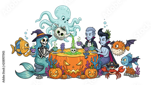 Obraz na plátně Halloween Underwater Party: A whimsical gathering of mythical creatures and Halloween characters enjoy a tea party on the ocean floor, featuring an octopus pouring tea, a mermaid, vampires