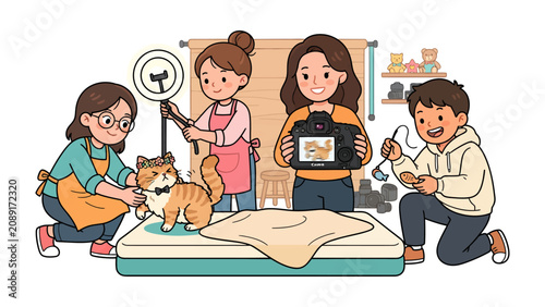 Feline Photography Session: A heartwarming scene captures a tabby cat being groomed and prepared for a photo shoot by a team of enthusiastic individuals. One person holds a ring light.