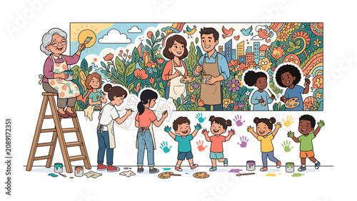 Konstfotografi Community Mural Project: A vibrant mural depicting a blossoming garden and cityscape is brought to life by a diverse group of people, from elders to children, all contributing their artistic talents