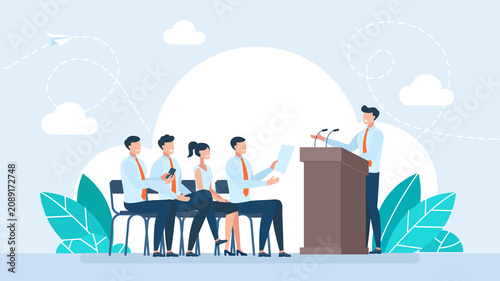 Speaker man talking behind tribune to business audience. Corporate conference presentation, public speaking event lecture, team training seminar or group workshop discussion. Flat illustration