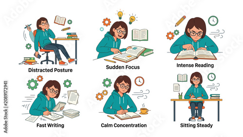Foto Student's Study Habits: A collage of six illustrations depicts a young student's diverse study behaviors, from distraction to intense focus and calm concentration