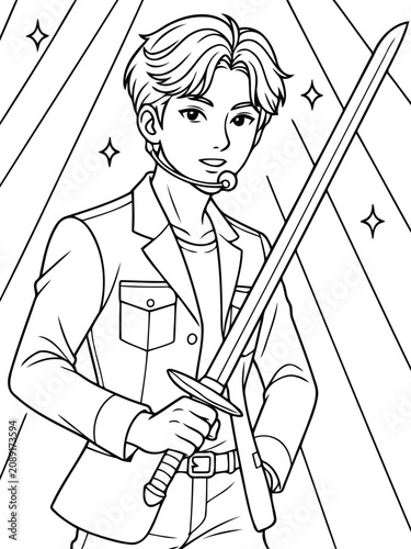 K-pop Star with Sword Coloring Page: An illustration of a young male K-pop idol in a stylish suit, holding a sword, ready for a dynamic performance, with sparkling lights in the background.