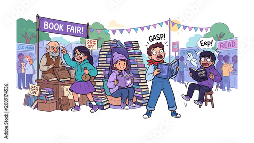 фотографія Book Fair Frenzy: Children's faces light up with excitement and surprise at a vibrant book fair, surrounded by towering stacks of books and eager shoppers
