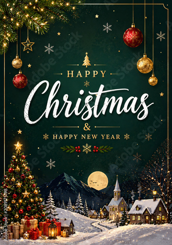 A festive Christmas scene with a decorated tree, ornaments, and a snowy village under a full moon