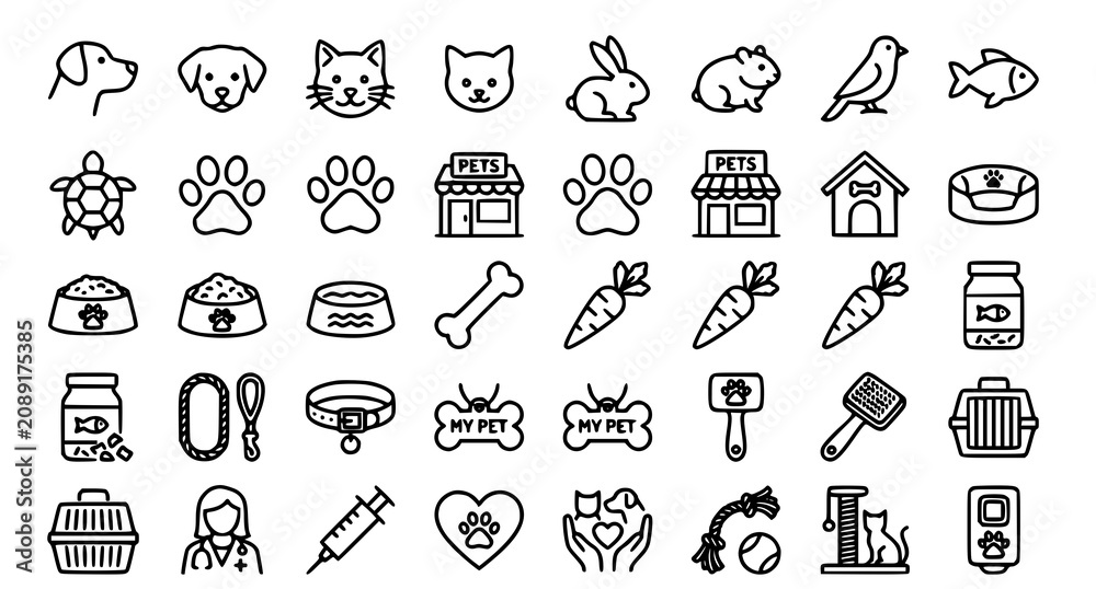 Naklejka premium Pet care and animal companion line icons set dogs cats rabbits birds fish and accessories
