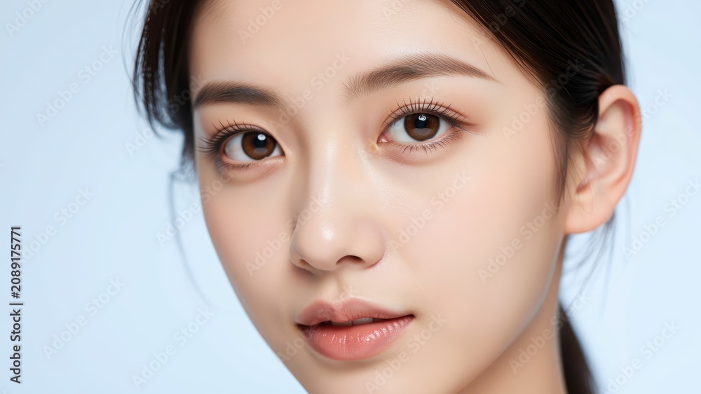 Fototapeta premium Portrait of a young woman with striking eyes and flawless skin, her gaze directed forward with a subtle, serene expression, inviting contemplation.