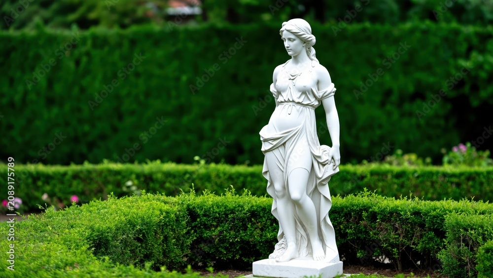 Obraz premium Classical Garden Sculpture: An elegant white marble statue of a woman stands serenely amidst a beautifully manicured garden, surrounded by lush green hedges and vibrant flowers.
