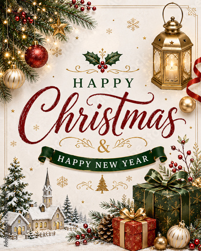 A festive Christmas and New Year greeting card with presents, trees, and decorations