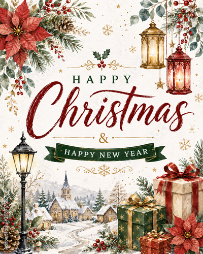 A festive holiday scene with a Christmas and New Year message surrounded by presents and decorations