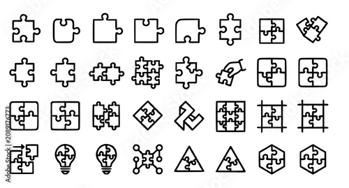 Photos Puzzle piece icon set diverse shapes and styles for problem solving and strategy