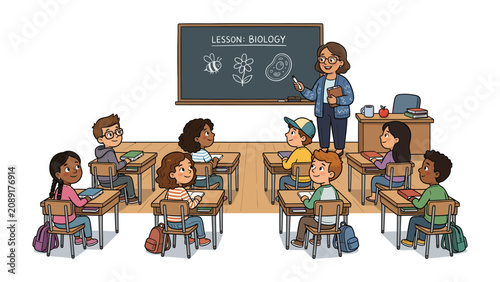 Foto Biology Lesson: A cheerful teacher guides her attentive students through a lively biology lesson, with colorful illustrations adorning the blackboard, fostering a love for science and learning