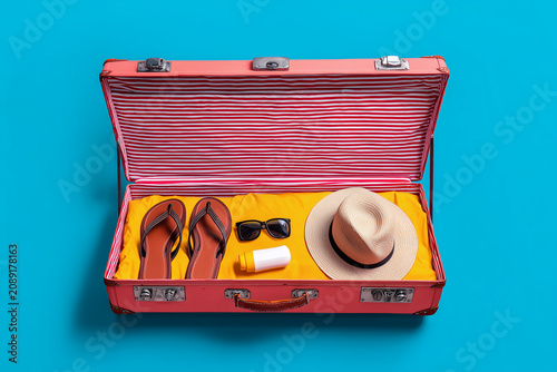 Open vintage pink suitcase packed with beach vacation essentials including a straw hat, flip flops, sunglasses, and sunscreen