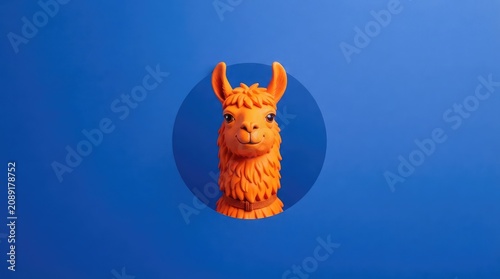 Vibrant orange llama bust sculpture sits on blue background with circular shadow