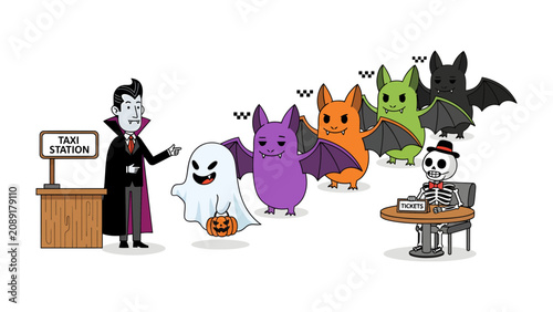 Canvastavla Halloween Taxi Station: A quirky scene unfolds at a Halloween taxi station where a vampire, a ghost with a pumpkin, several colorful bats, and a skeleton patron are waiting for a ride