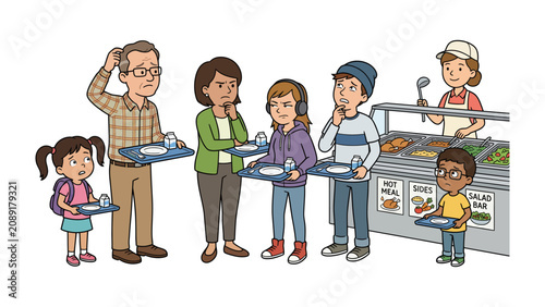 Konstfotografi Lunchtime Dilemma: A family and diverse group of children stand in a cafeteria line, contemplating their meal choices with confused expressions, while a server stands ready at the buffet