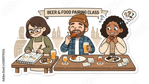 Konstfotografi Beer and Food Pairing Class: Three diverse individuals attend a beer and food pairing class, with one eagerly sampling a snack and drink, another focused on note-taking