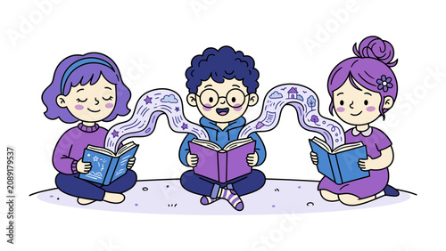 Foto Imagination Takes Flight: Three children with eyes closed, engrossed in their books, unleash a stream of imaginative thoughts and dreams, connecting them in a shared world of wonder and discovery