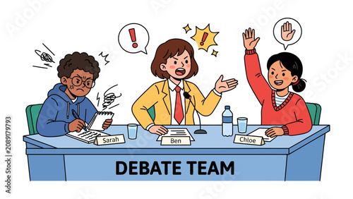 Foto Debate Team in Action: A vibrant illustration depicts a dynamic debate competition with three participants, including a judge, a questioner, and a note-taker