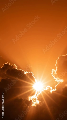 Sun sky cloud orange bright light glow sunrise sunset heat wave extreme climate weather concept abstract background. Global warming climate change crisis. hot summer sun temperature, drought disaster