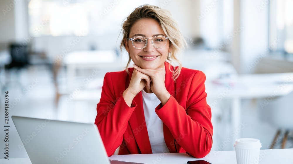 Fototapeta premium Confident female entrepreneur in red jacket and glasses smiling at desk in modern office
