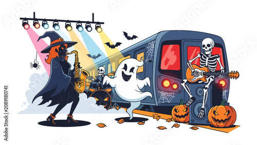 Halloween Party on the Subway: A whimsical illustration depicts a spooky Halloween celebration with a witch playing the saxophone, a ghost dancing, and a skeleton jamming on guitar.