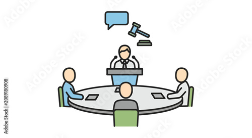 Tablou pe pânză Cartoon illustration of a business meeting with judge and gavel.