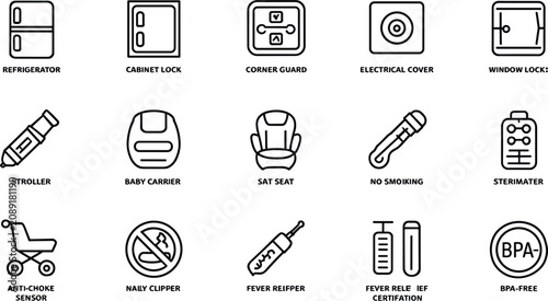 Bild auf Leinwand Child proofing and home safety outline line icons set featuring baby security lo