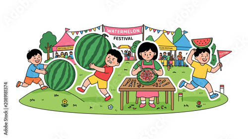 Obraz na plátne Watermelon Festival Fun: Children revel in a vibrant watermelon festival, engaging in playful activities like carrying giant watermelons and enjoying refreshing slices
