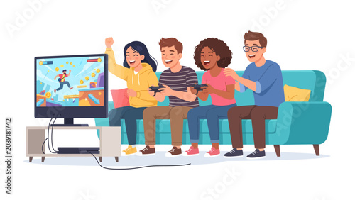 Принти на полотні Joyful Victory: Four friends are immersed in a video game session, enthusiastically playing and celebrating their in-game achievements with smiles and raised hands