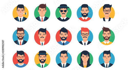 Diverse male faces and hairstyles avatar collection of various men characters with glasses and beards vector illustration.