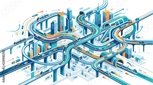 Isometric illustration of complex multi level city transportation infrastructure.