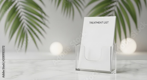 Treatment list in a clear acrylic holder on a marble counter with palm leaves and bokeh lights in the background, offering a serene and professional atmosphere for spa or medical services.