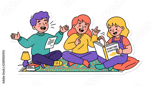 фотографія Storytelling Circle: Three children, full of glee and excitement, sit cross-legged on a colorful rug, immersed in a story session