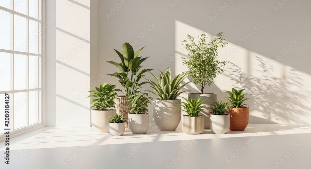 Fototapeta premium Sunlit minimalist room with diverse potted houseplants.