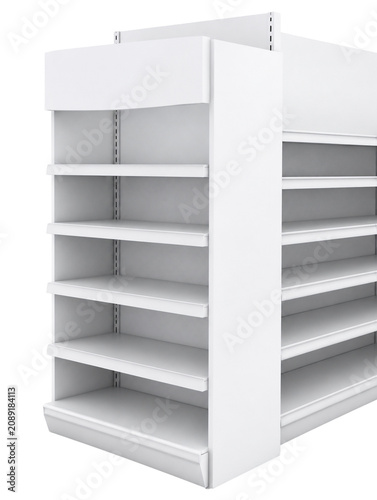 White Supermarket Gondola Display Rack with Blank Header Board for Promo Mockup