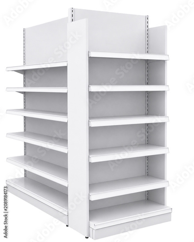 Blank White Retail Store Gondola Shelf with End Display Perspective View Mockup