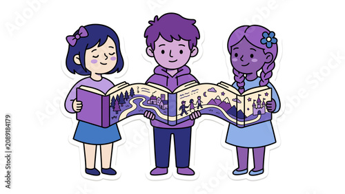 Obraz na plátne Children Reading Together: Three young children, two girls and one boy, engrossed in reading illustrated books, sharing a story in a vibrant depiction of childhood curiosity and imagination