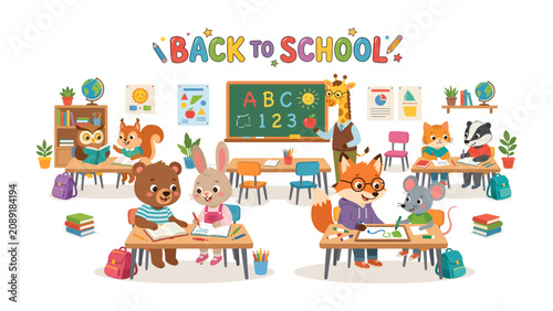 Billede på lærred Animal Classroom Welcome: A whimsical illustration depicts anthropomorphic animal characters in a lively classroom setting
