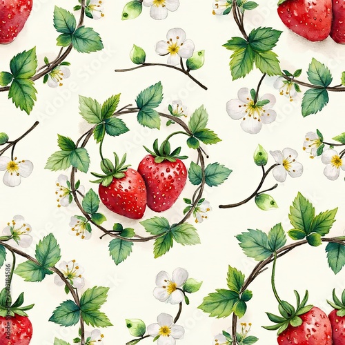 Fresh strawberries with green leaves and white flowers on a white background