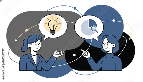 Two female professionals communicating and exchanging business ideas with lightbulb and chart speech bubbles.
