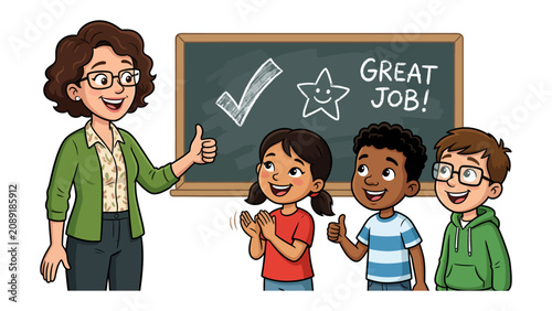 Teacher's Praise: A teacher gives a thumbs-up approval to her students in front of a chalkboard displaying a checkmark and a star with GREAT JOB! written beside it.