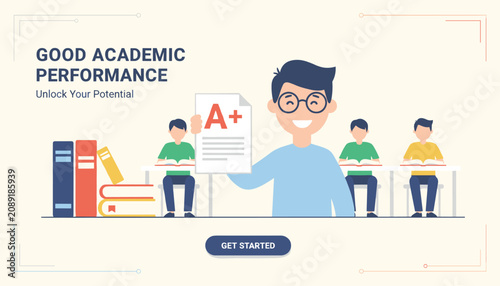 Smart smiling student holding a perfect A plus test paper in a classroom with classmates and school textbooks.