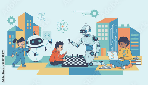 Children interacting, playing, and learning with futuristic robots in a modern smart city with tech skyscrapers.