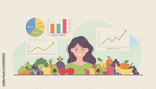 Professional nutritionist planning a balanced diet with a protein chart, energy levels, and fresh organic vegetables.