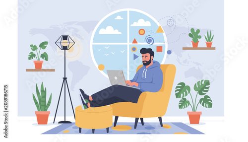 Remote worker sitting in a cozy armchair with a laptop computer while working from home in a modern living room.
