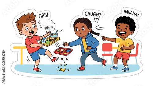 Fotografie Oops, Caught It!: Two children react to a dropped lunch tray while another child laughs, capturing a moment of schoolyard mishap and amusement