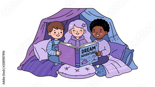 Valokuva Dream Adventure Tent: Three children, representing diversity, huddle together in a cozy tent adorned with purple and blue hues, engrossed in a book titled Dream Adventures