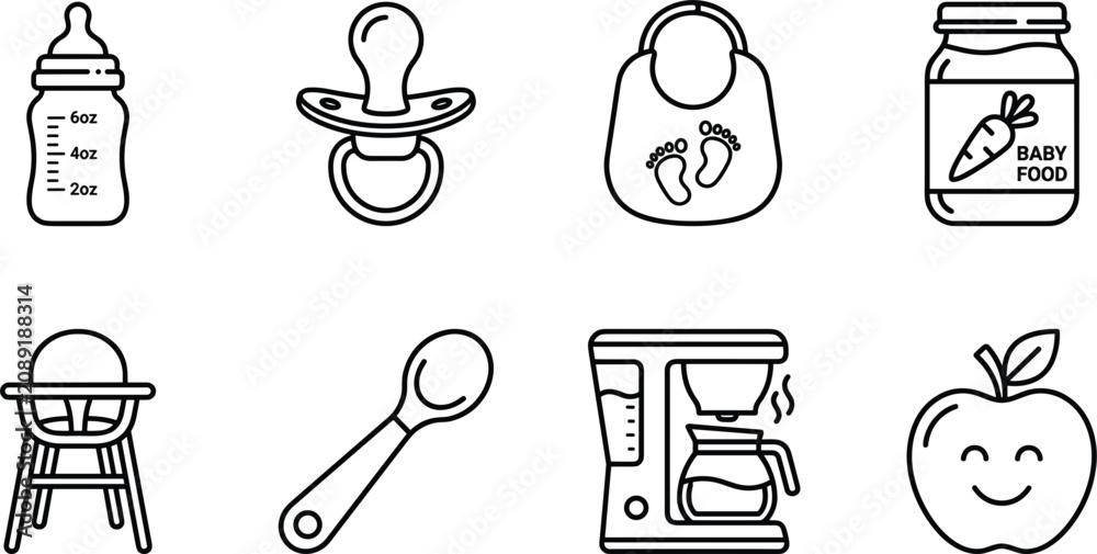 Fototapeta premium Minimalist black outline line icons set of infant feeding accessories baby food high chair and kitchen appliances