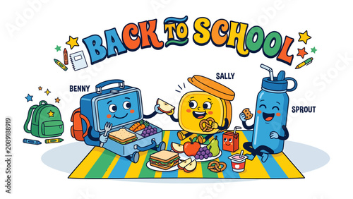 Back to School Lunch Adventure: A cheerful group of anthropomorphic lunch items—a lunchbox, a juice box, and a water bottle—gather for a picnic.