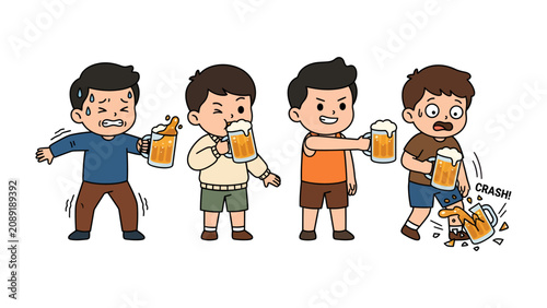 Foto A Group of Young Men Enjoying Beer: A cartoon depiction of four young men, each holding a mug of beer, illustrating various reactions to drinking